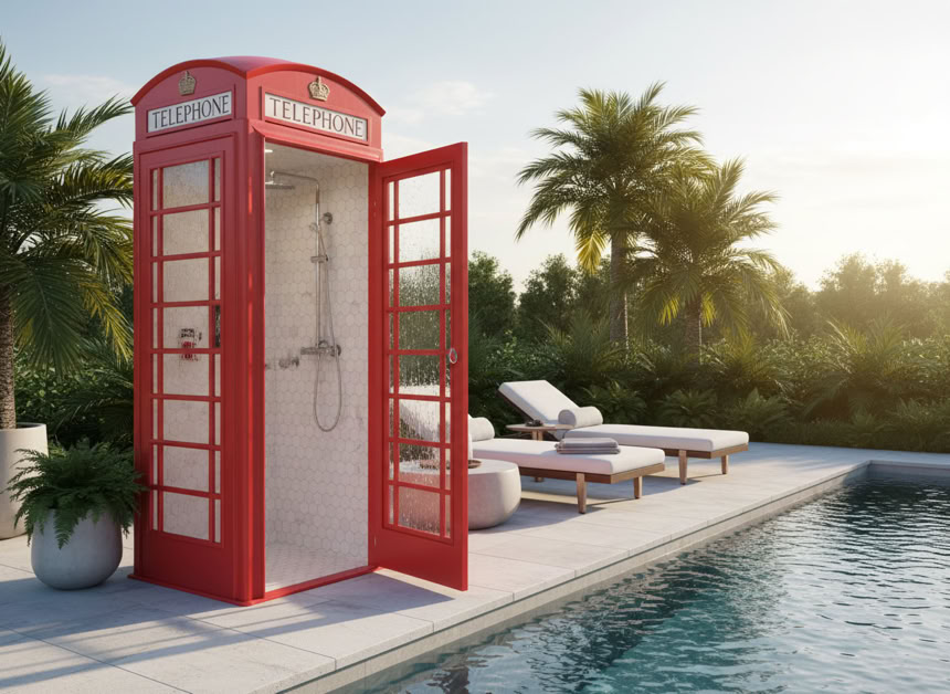 Red telephone box converted to outdoor shower