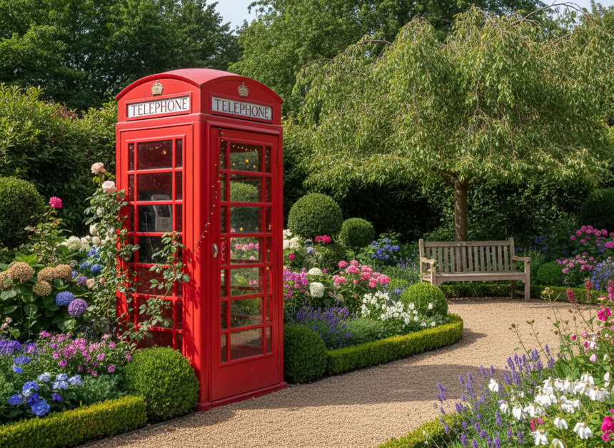 Red K6 phone box surrounded by blooming flowers