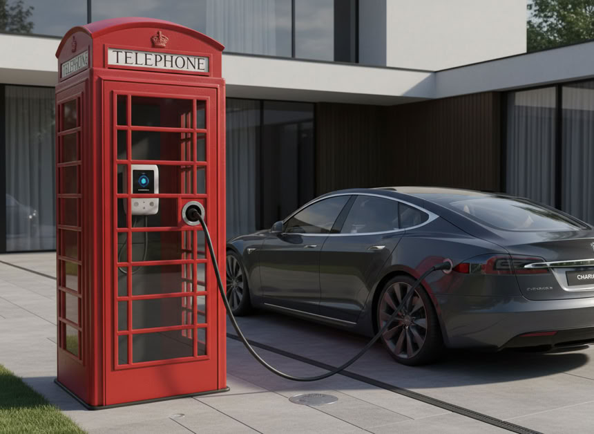 Red K6 telephone box at an old, English gas station