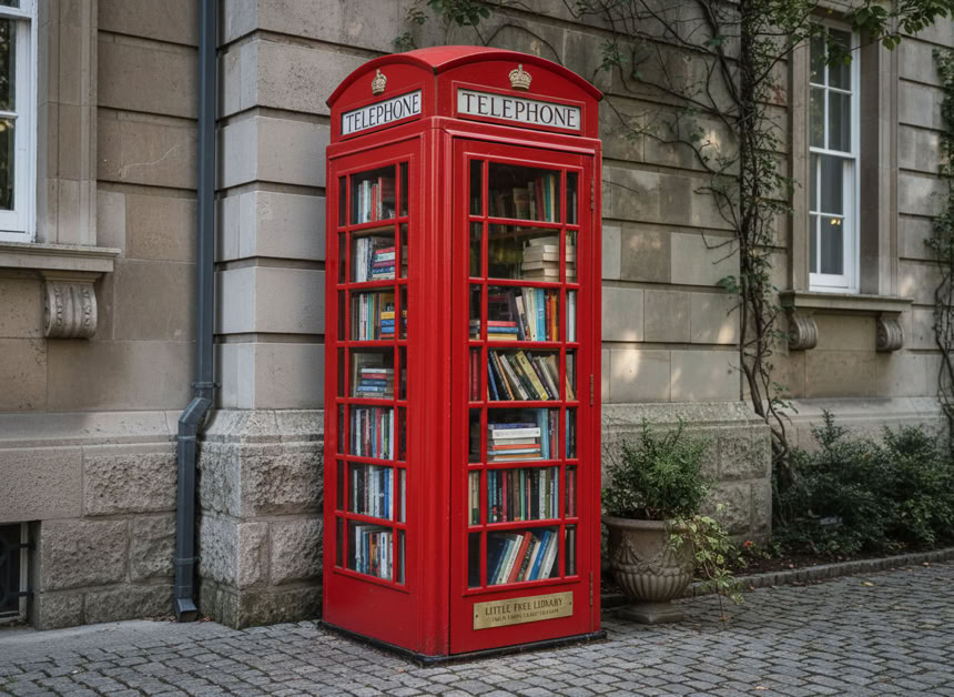 Red telephone box converted to the library