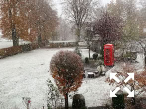 A snowy garden scene with trees and bushes, a red phone booth, and snow covering the ground.