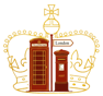 Illustration of a red telephone booth and a red post box with a "London" sign, set against a stylized gold crown outline.
