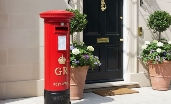 A red postbox stands in front of a black door with a decorative canopy. Two potted plants with flowers are placed on either side of the door.