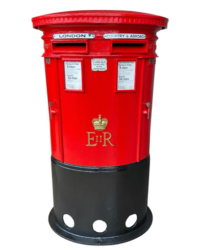 A red cylindrical post box with a black base, featuring two mail slots and a crown emblem with the letters "E II R" on the front.